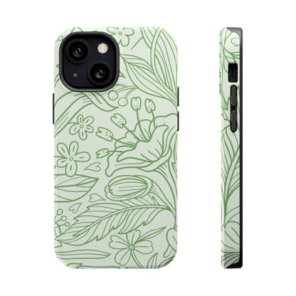 Sage Green Floral Line Art Tough MagSafe iPhone Case – Minimalist Botanical Design with Dual-Layer Protection