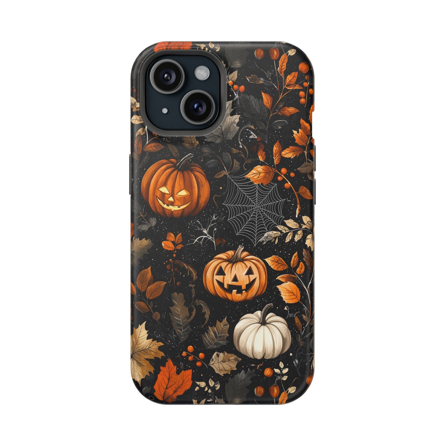 Elegant Halloween MagSafe iPhone Case – Pumpkin Jack-o'-Lanterns, Cobwebs & Autumn Foliage Design