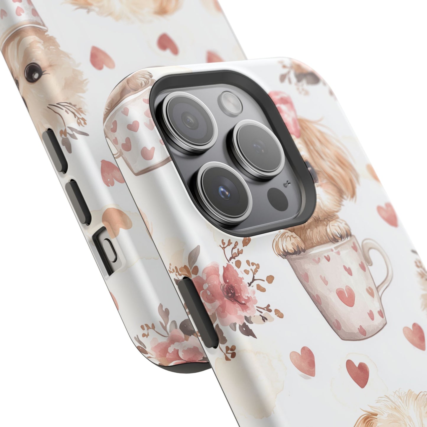 Cute Puppies in Heart MagSafe iPhone Case – Adorable Dog & Floral Design, Shockproof & Slim