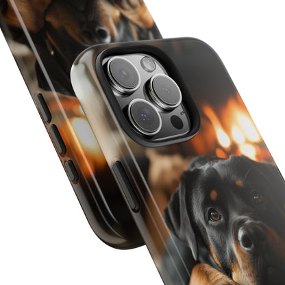 Cozy Rottweiler by the Fireplace iPhone Case – Warm Rustic Design