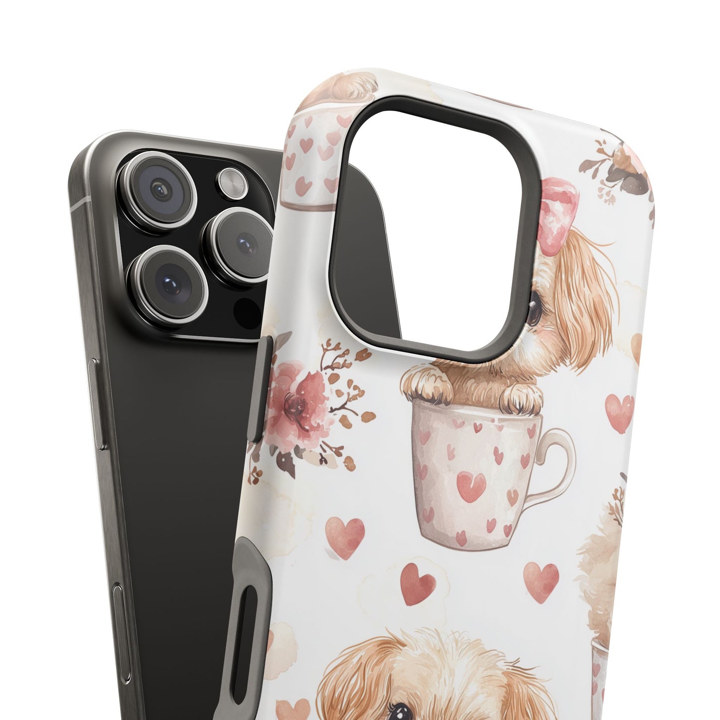 Cute Puppies in Heart MagSafe iPhone Case – Adorable Dog & Floral Design, Shockproof & Slim