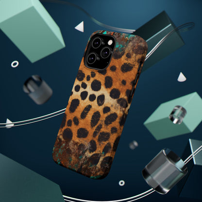 Rustic Leopard Print Tough MagSafe iPhone Case – Distressed Turquoise and Animal Pattern with Dual-Layer Protection