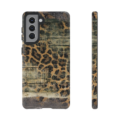 Rustic Wood and Leopard Print Tough Samsung Galaxy Case – Distressed Western Design with Dual-Layer Protection