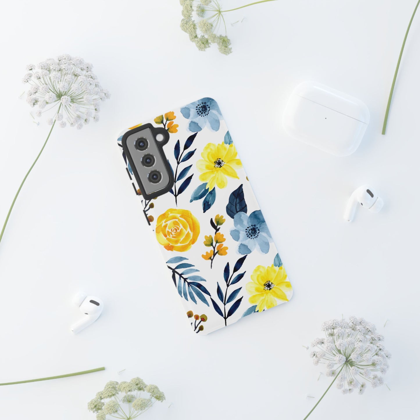 Golden Yellow & Sky Blue Floral – Watercolor Botanical Samsung Galaxy Case