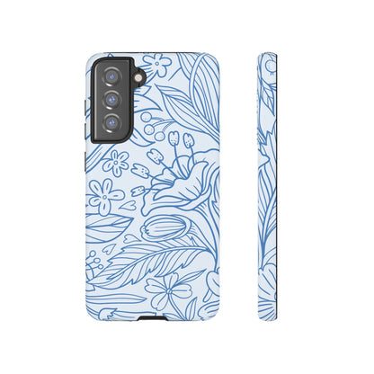 Dusty Blue Floral Line Art Tough Samsung Galaxy Case – Minimalist Botanical Design with Dual-Layer Protection