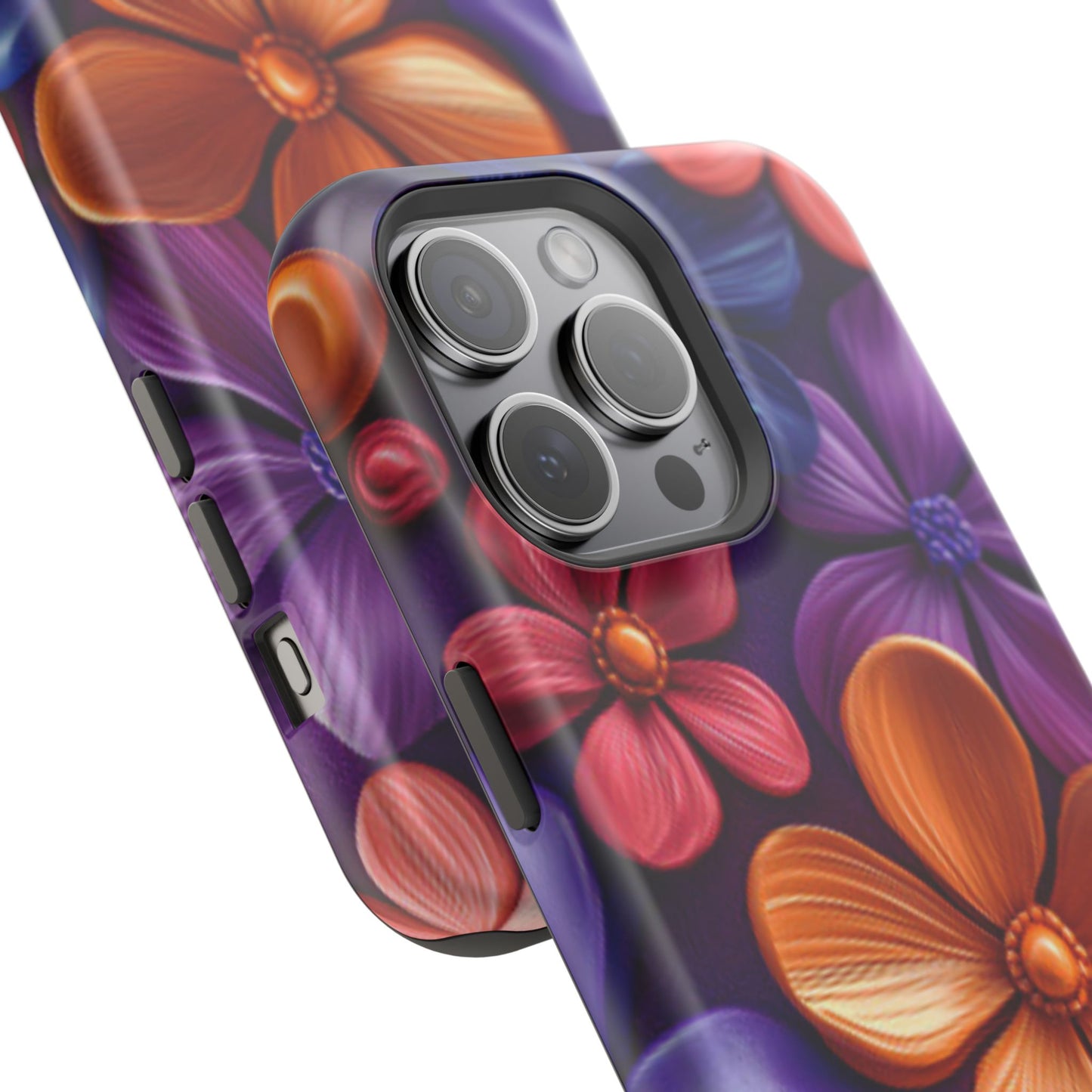 Bold Floral 3D MagSafe iPhone Case – Vivid Purple and Orange Flower Design, Shock-Resistant