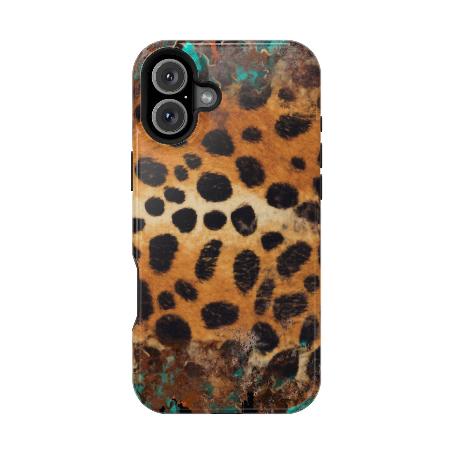 Rustic Leopard Print Tough MagSafe iPhone Case – Distressed Turquoise and Animal Pattern with Dual-Layer Protection