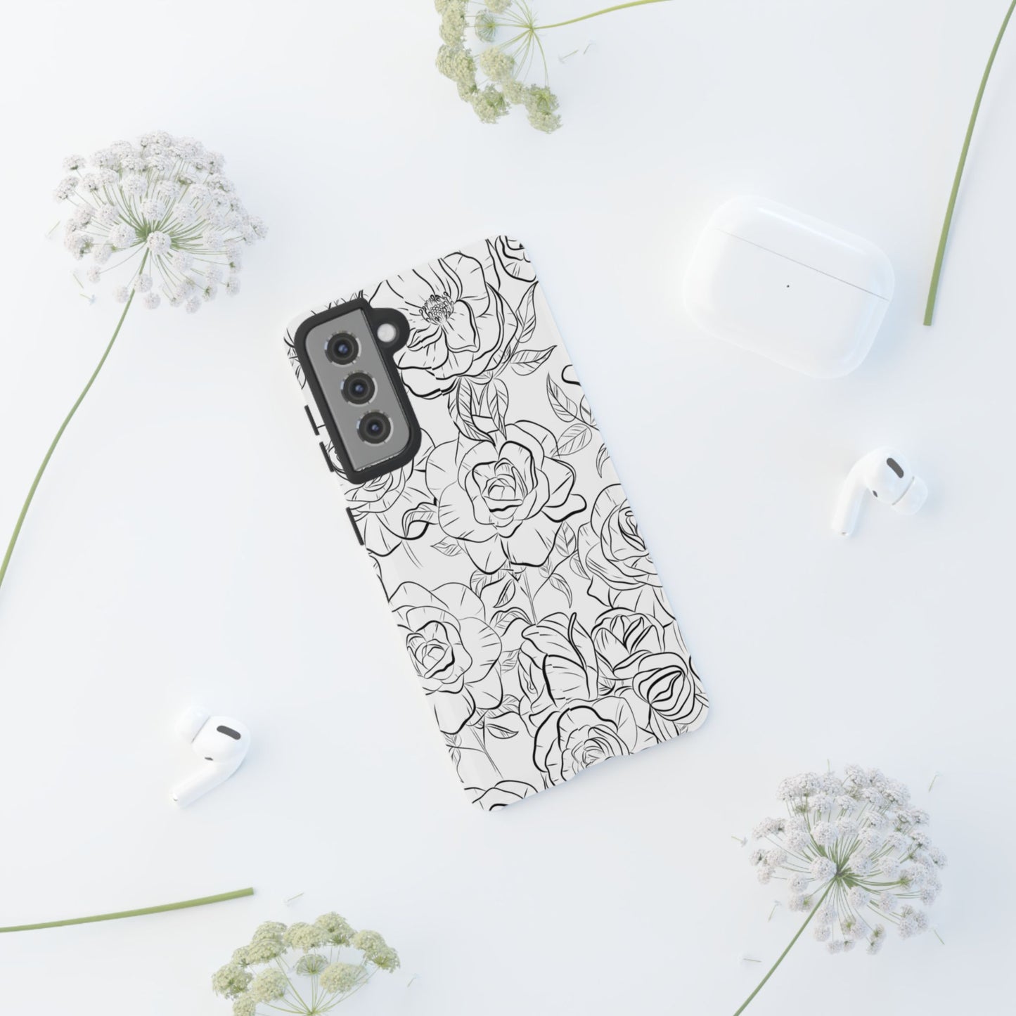 Monochrome Rose Garden Tough Samsung Galaxy Case – Elegant Floral Line Art with Dual-Layer Protection