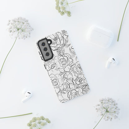 Monochrome Rose Garden Tough Samsung Galaxy Case – Elegant Floral Line Art with Dual-Layer Protection