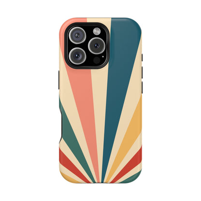 Retro Sunbeam MagSafe iPhone Case – 70s-Inspired Radiating Stripes in Coral, Teal, and Mustard