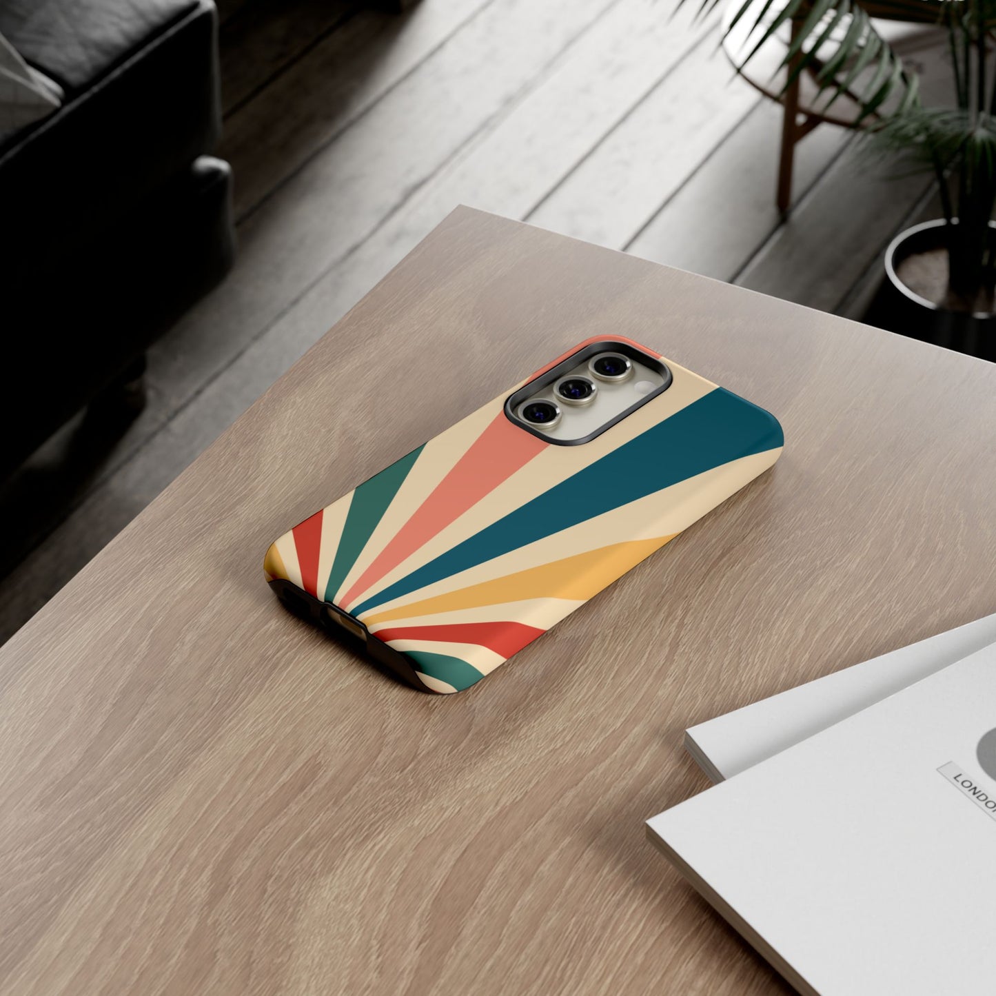 Retro Sunbeam Samsung Galaxy Case – 70s-Inspired Radiating Stripes in Coral, Teal, and Mustard