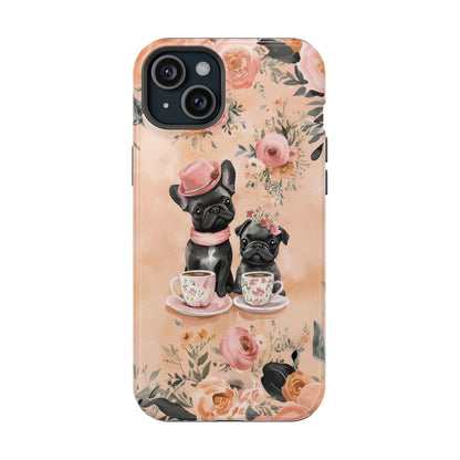 Floral French Bulldogs MagSafe iPhone Case – Elegant Dog Design with Tea Cups & Roses, Shockproof Protection