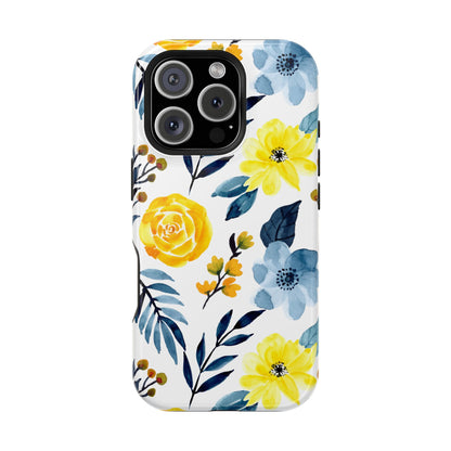 Golden Yellow & Sky Blue Floral – Watercolor Botanical MagSafe iPhone Case