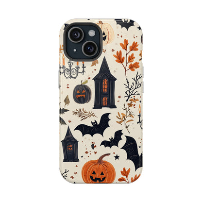 Haunted Halloween MagSafe iPhone Case – Haunted House, Bats, and Pumpkins Design