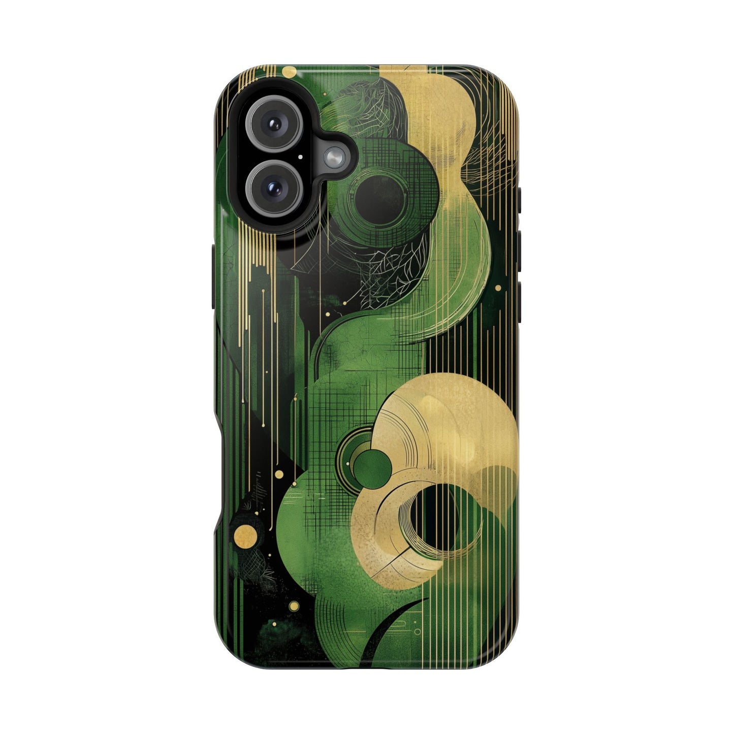 Abstract Green & Gold MagSafe iPhone Case - Geometric Art Deco Protective Cover