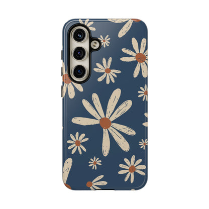 Vintage Daisies Samsung Galaxy Case – Navy Blue Floral Design, Scratch-Resistant with Shock-Absorbing Bumper
