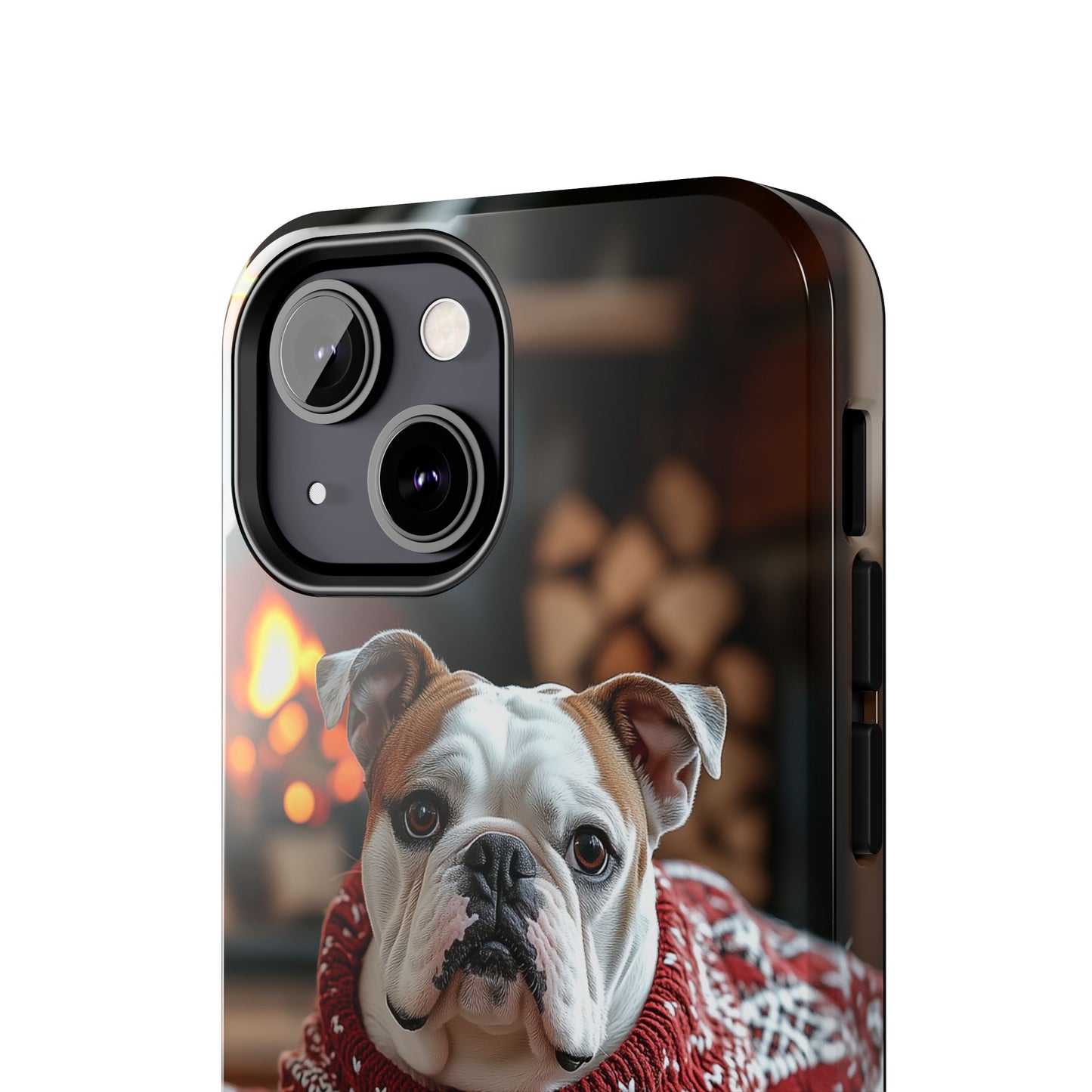 Cozy Bulldog in Sweater iPhone Case – Festive Fireplace Protective Cover