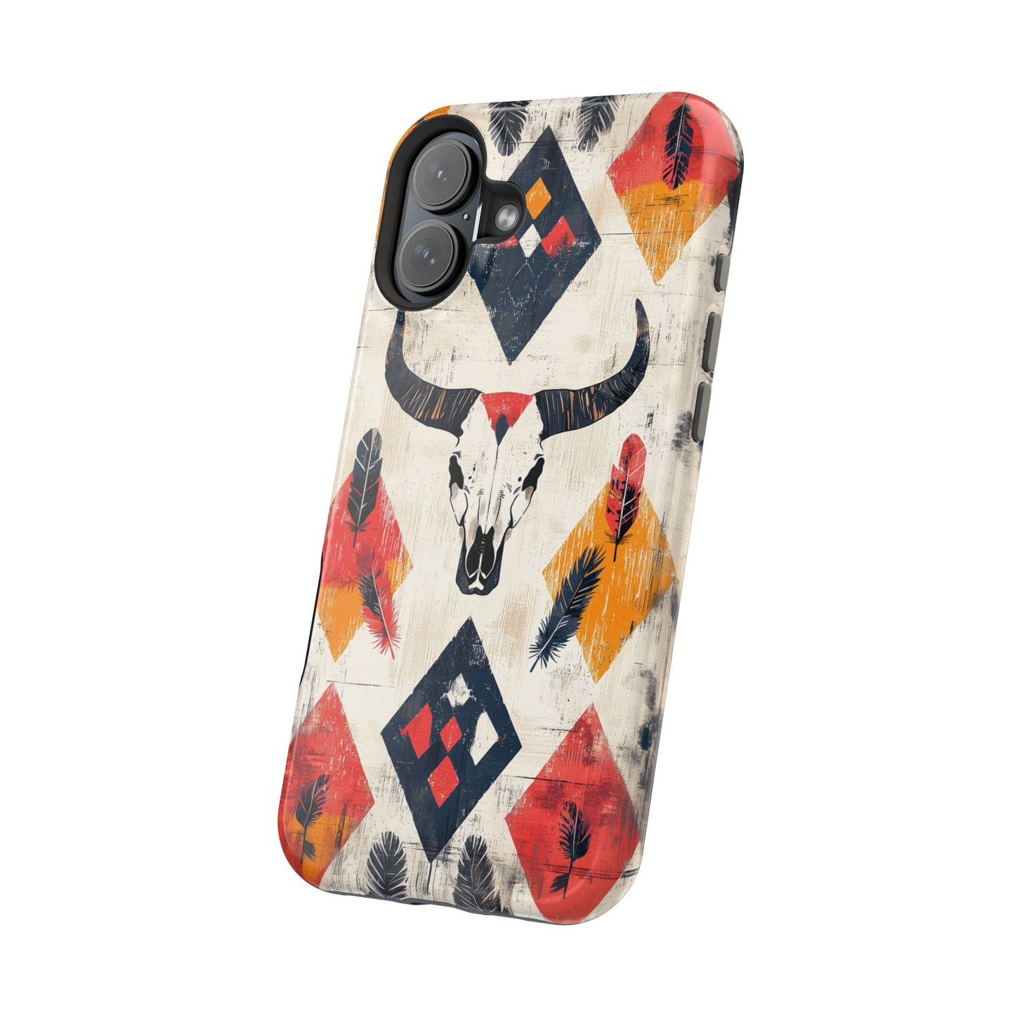 Western Bull Skull & Feathers Tough Mag Safe iPhone Case – Bold Tribal Design, Dual-Layer Protection