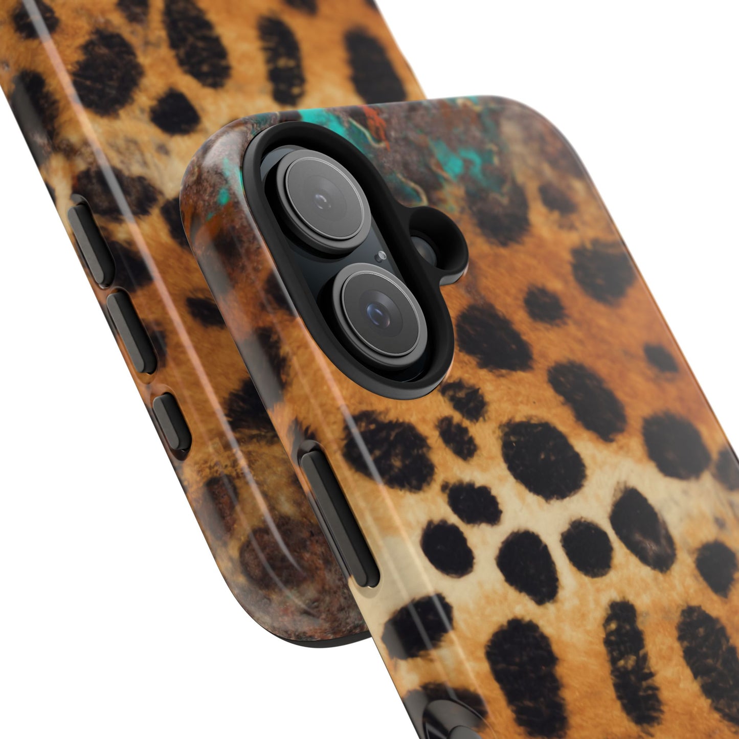 Rustic Leopard Print Tough iPhone Case – Distressed Turquoise and Animal Pattern with Dual-Layer Protection