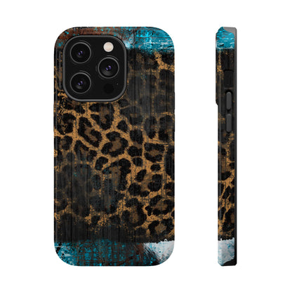 Boho Leopard and Turquoise Tough MagSafe iPhone Case – Rustic Western Design with Dual-Layer Protection