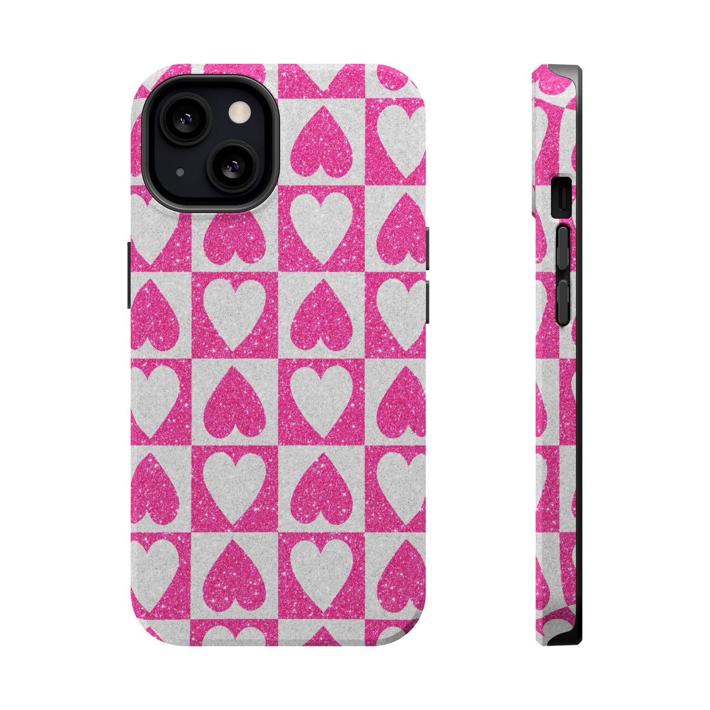 Pink Glitter Heart Checkered Pattern MagSafe Case