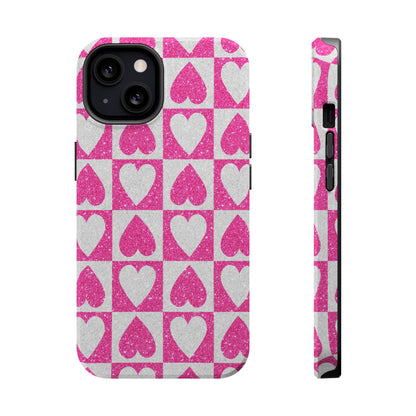 Pink Glitter Heart Checkered Pattern MagSafe Case