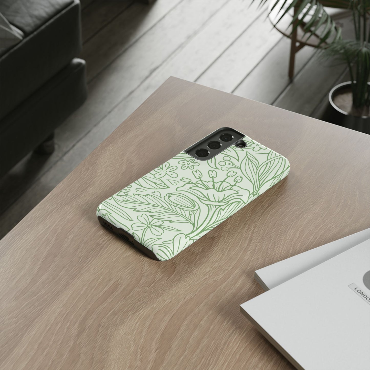 Sage Green Floral Line Art Tough Samsung Galaxy Case – Minimalist Botanical Design with Dual-Layer Protection