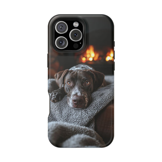 Cozy German Shorthaired Pointer MagSafe iPhone Case – Rustic Fireplace Protective Cover