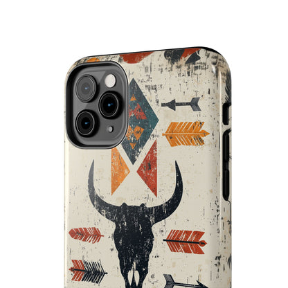 Tribal Bull Skull & Arrows Tough iPhone Case – Rustic Western Design, Dual - Layer Protection - BOGO Cases