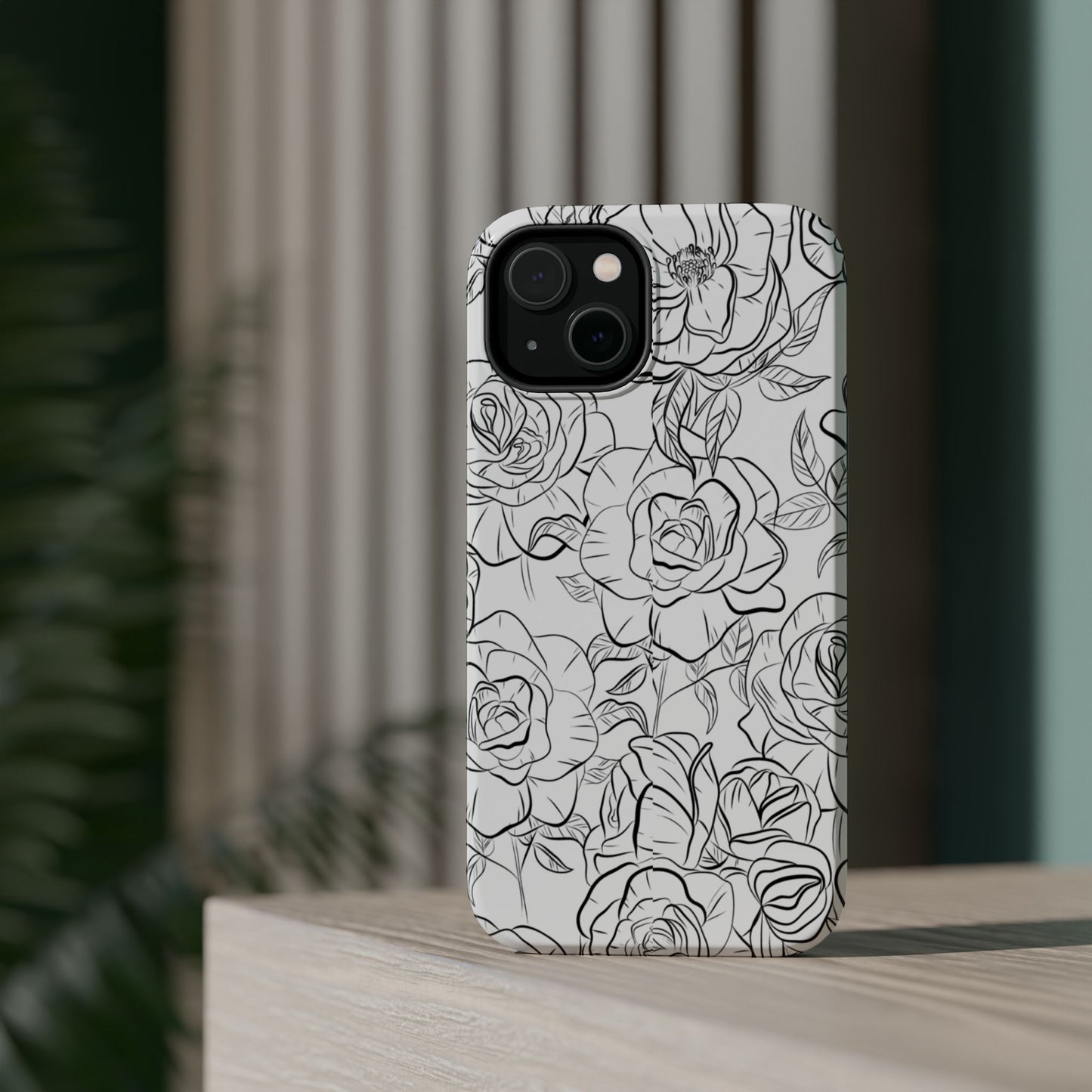 Monochrome Rose Garden Tough MagSafe iPhone Case – Elegant Floral Line Art with Dual-Layer Protection