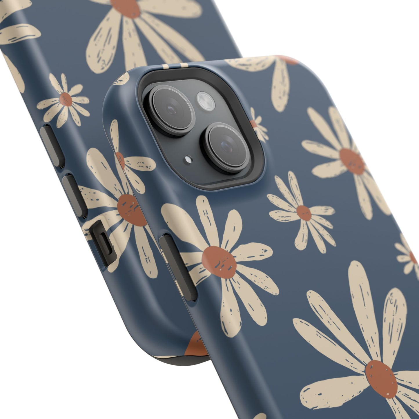 Vintage Daisies MagSafe iPhone Case – Navy Blue Floral Design, Scratch-Resistant with Shock-Absorbing Bumper