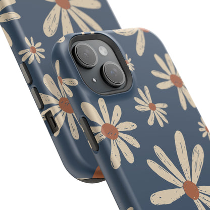 Vintage Daisies MagSafe iPhone Case – Navy Blue Floral Design, Scratch-Resistant with Shock-Absorbing Bumper