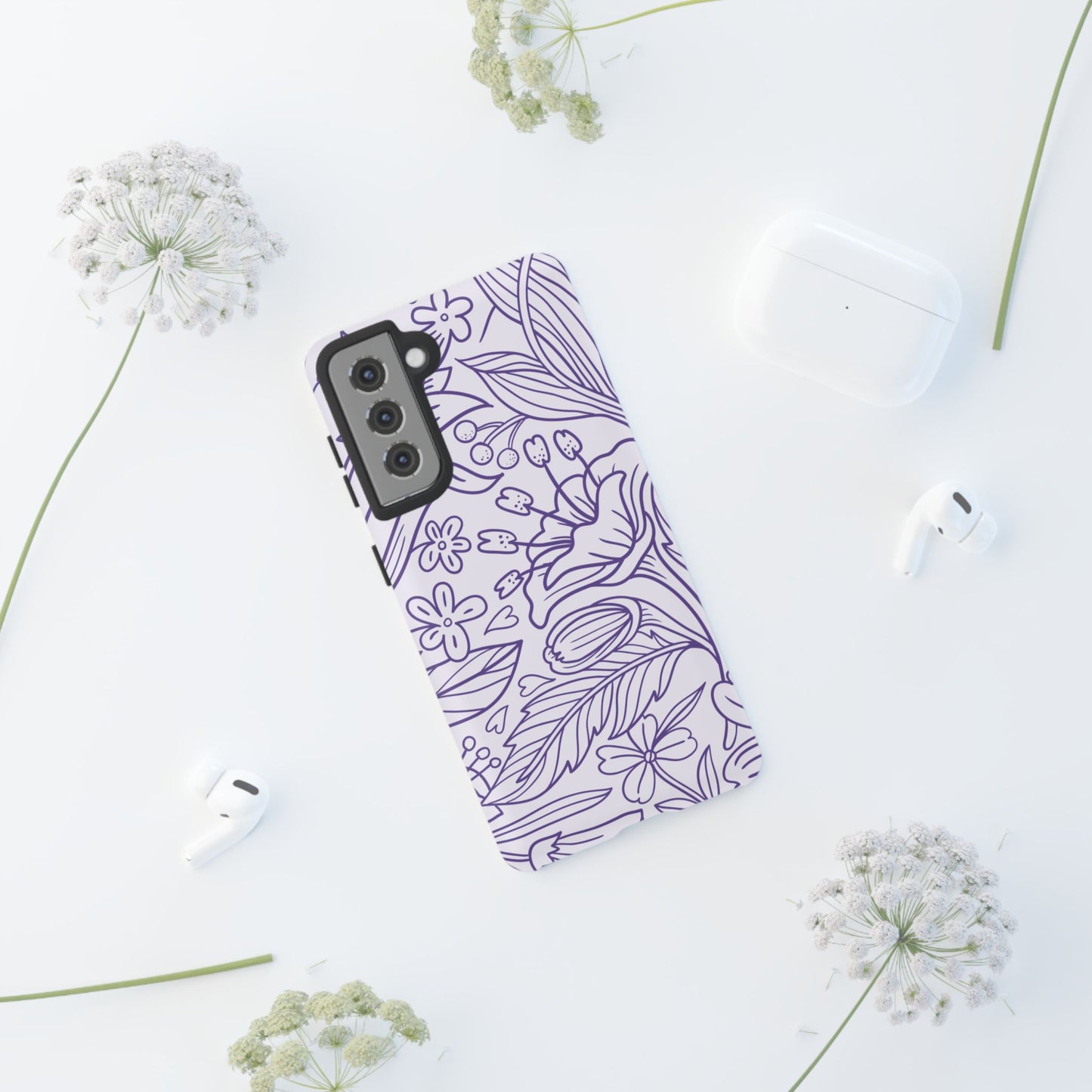 Lavender Floral Line Art Tough Samsung Galaxy Case – Minimalist Botanical Design with Dual-Layer Protection