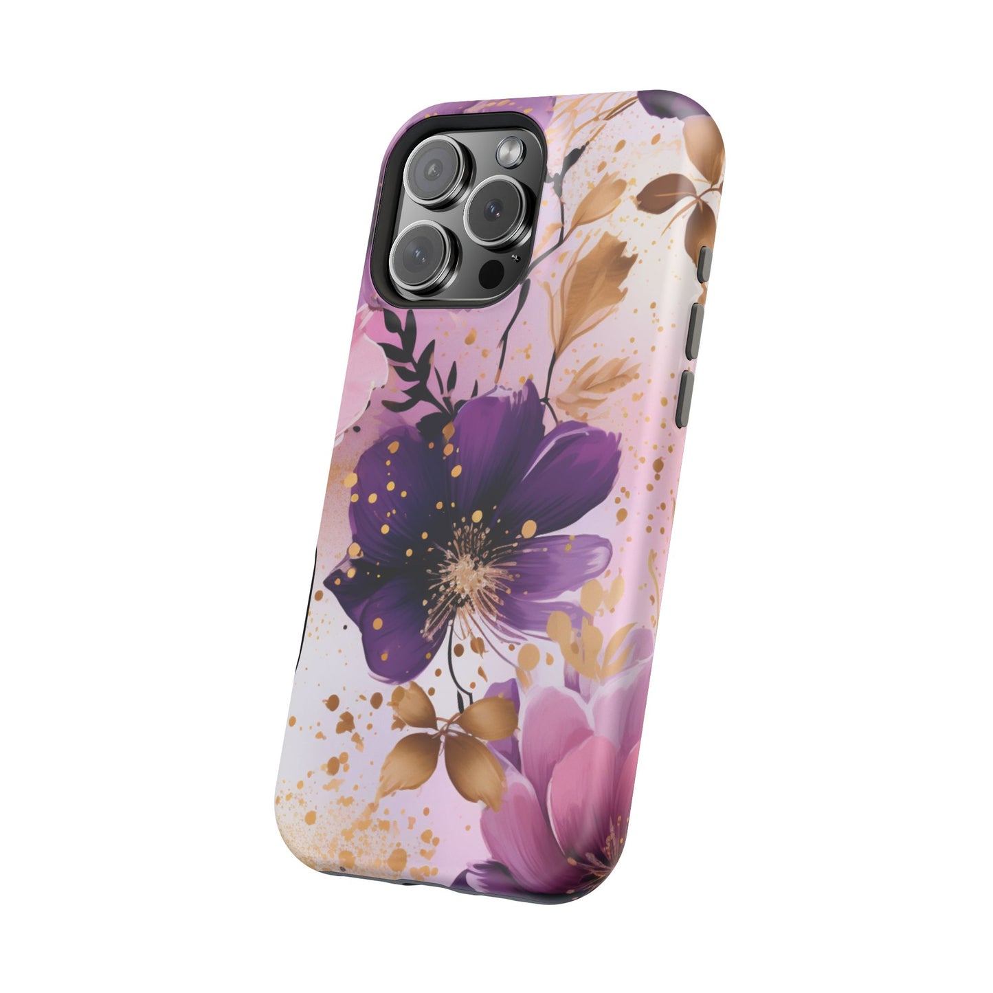 Elegant Purple & Gold Floral MagSafe iPhone Case - Luxe Flower Design