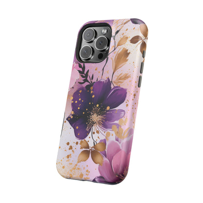 Elegant Purple & Gold Floral MagSafe iPhone Case - Luxe Flower Design