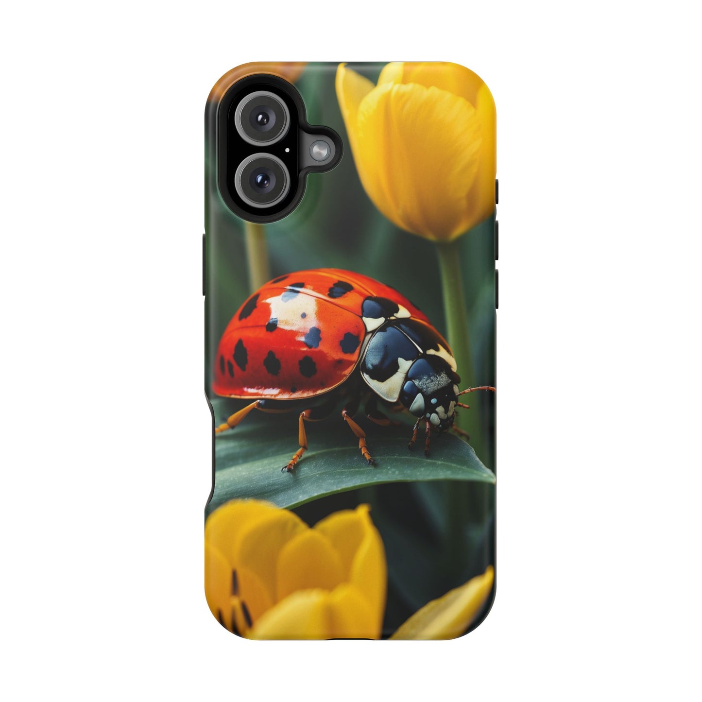 MagSafe iPhone Case: Vibrant Ladybug Amidst a Lush Yellow Flower Garden