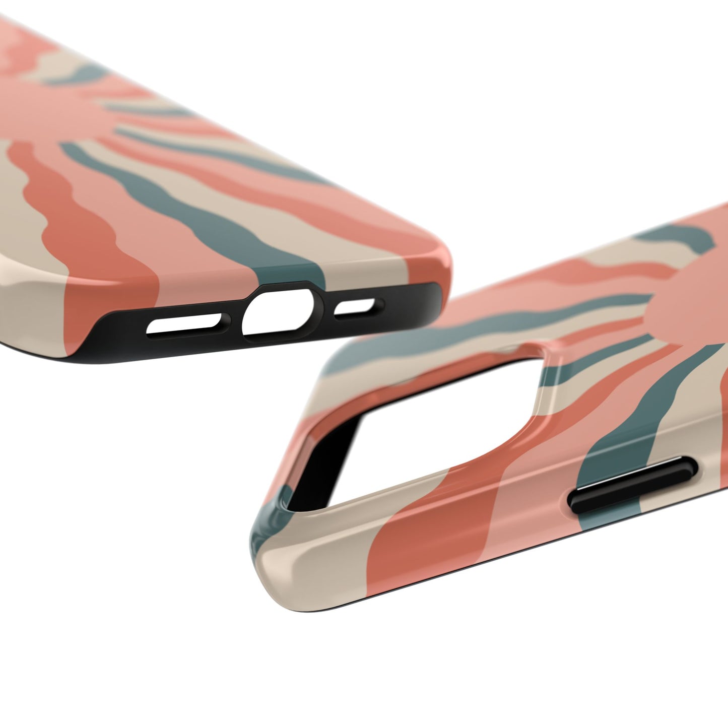 Retro Sunburst iPhone Case – Bold 70s-Inspired Waves in Coral, Teal, and Cream