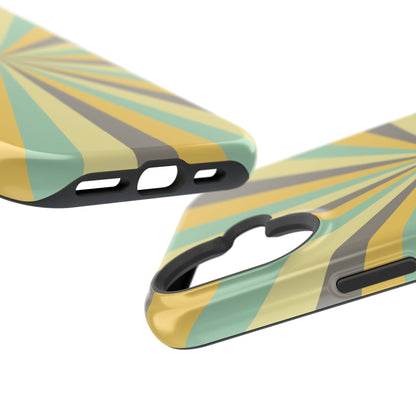 Vintage Sunburst Rays MagSafe iPhone Case – Bold 70s-Inspired Burst in Yellow, Mint, and Gray