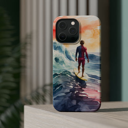 Surfer’s Sunset Wave MagSafe iPhone Case – Vibrant Watercolor Design