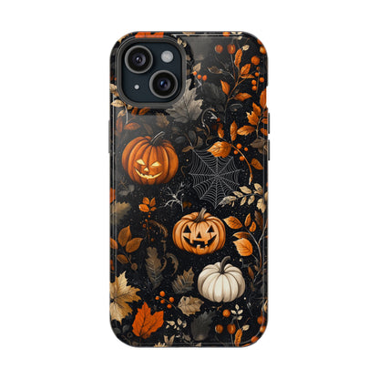 Elegant Halloween MagSafe iPhone Case – Pumpkin Jack-o'-Lanterns, Cobwebs & Autumn Foliage Design