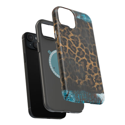 Boho Leopard and Turquoise Tough MagSafe iPhone Case – Rustic Western Design with Dual-Layer Protection