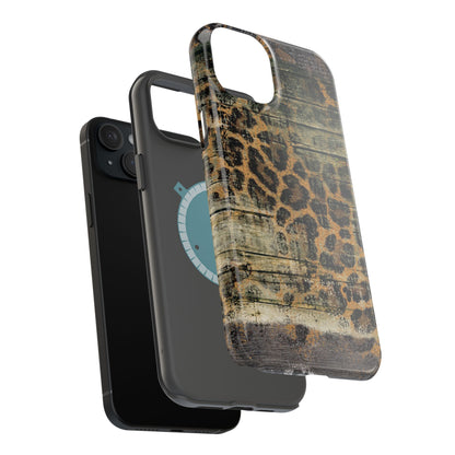 Rustic Wood and Leopard Print Tough MagSafe iPhone Case – Distressed Western Design with Dual-Layer Protection