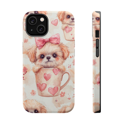 Adorable Puppy in Teacup MagSafe iPhone Case – Tough, Dual-Layer Protection with Cute Pink Bow Design