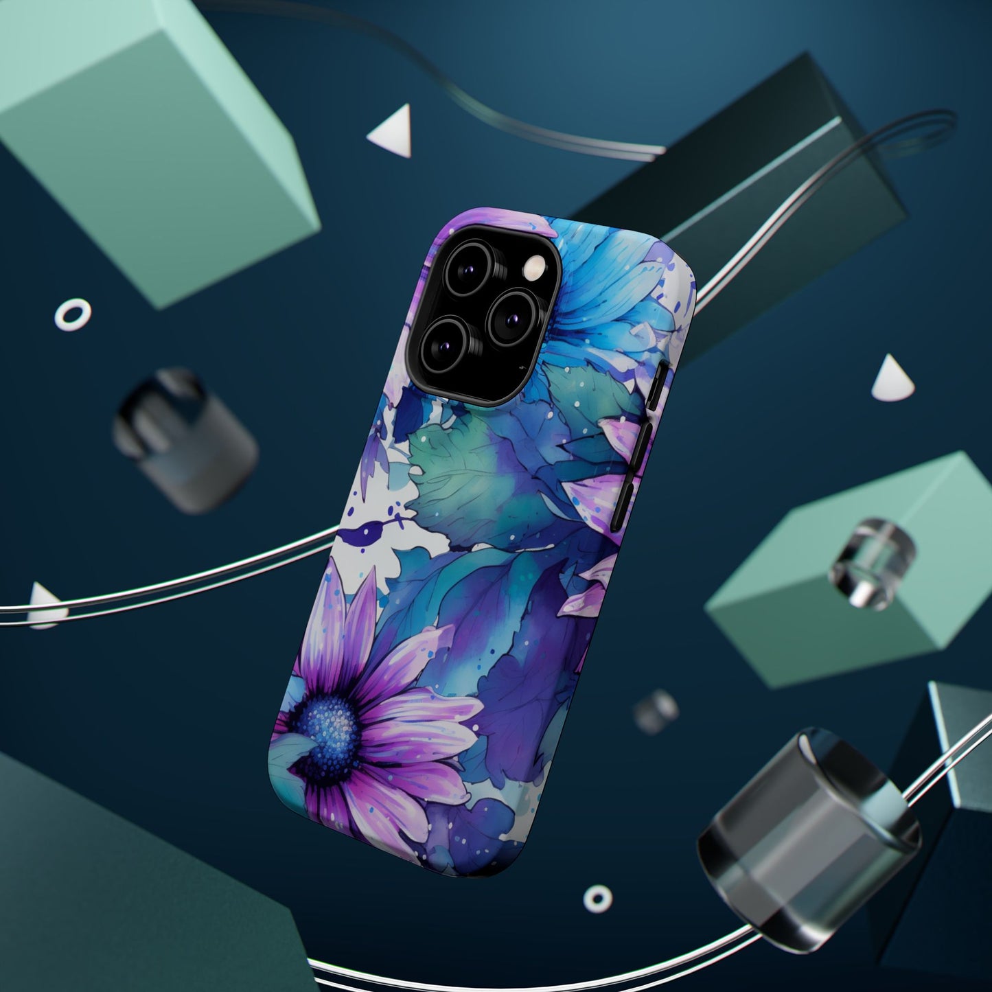 Purple & Teal Watercolor Floral MagSafe iPhone Case - Artistic Flower Design