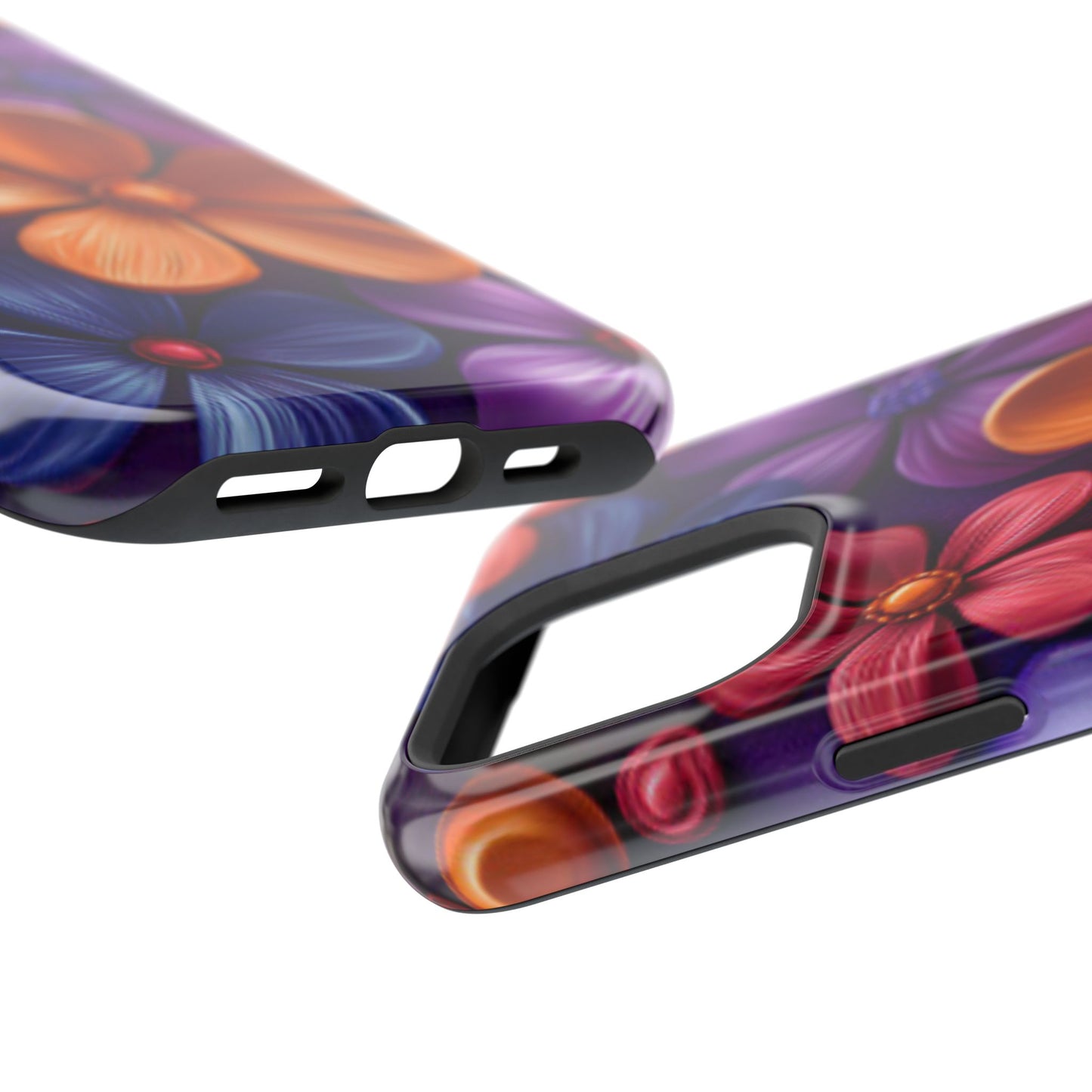 Bold Floral 3D MagSafe iPhone Case – Vivid Purple and Orange Flower Design, Shock-Resistant