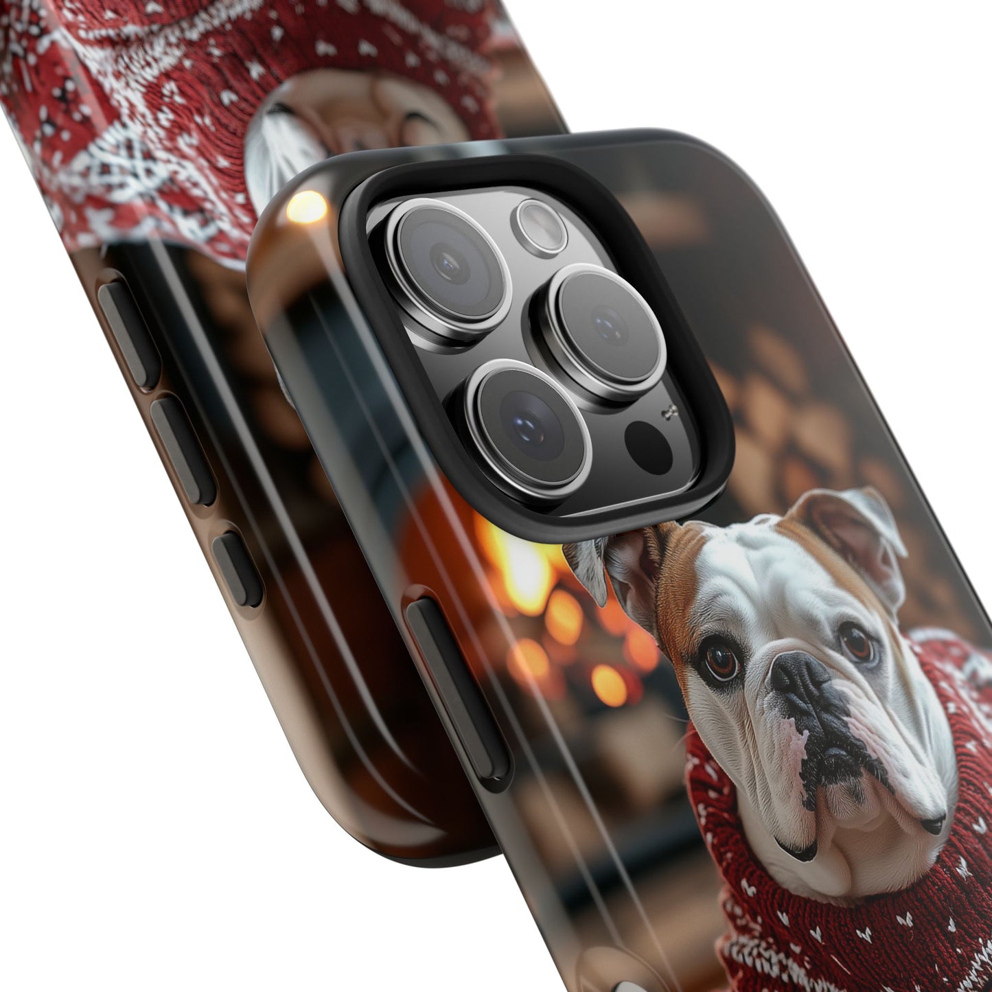 Cozy Bulldog in Sweater iPhone Case – Festive Fireplace Protective Cover