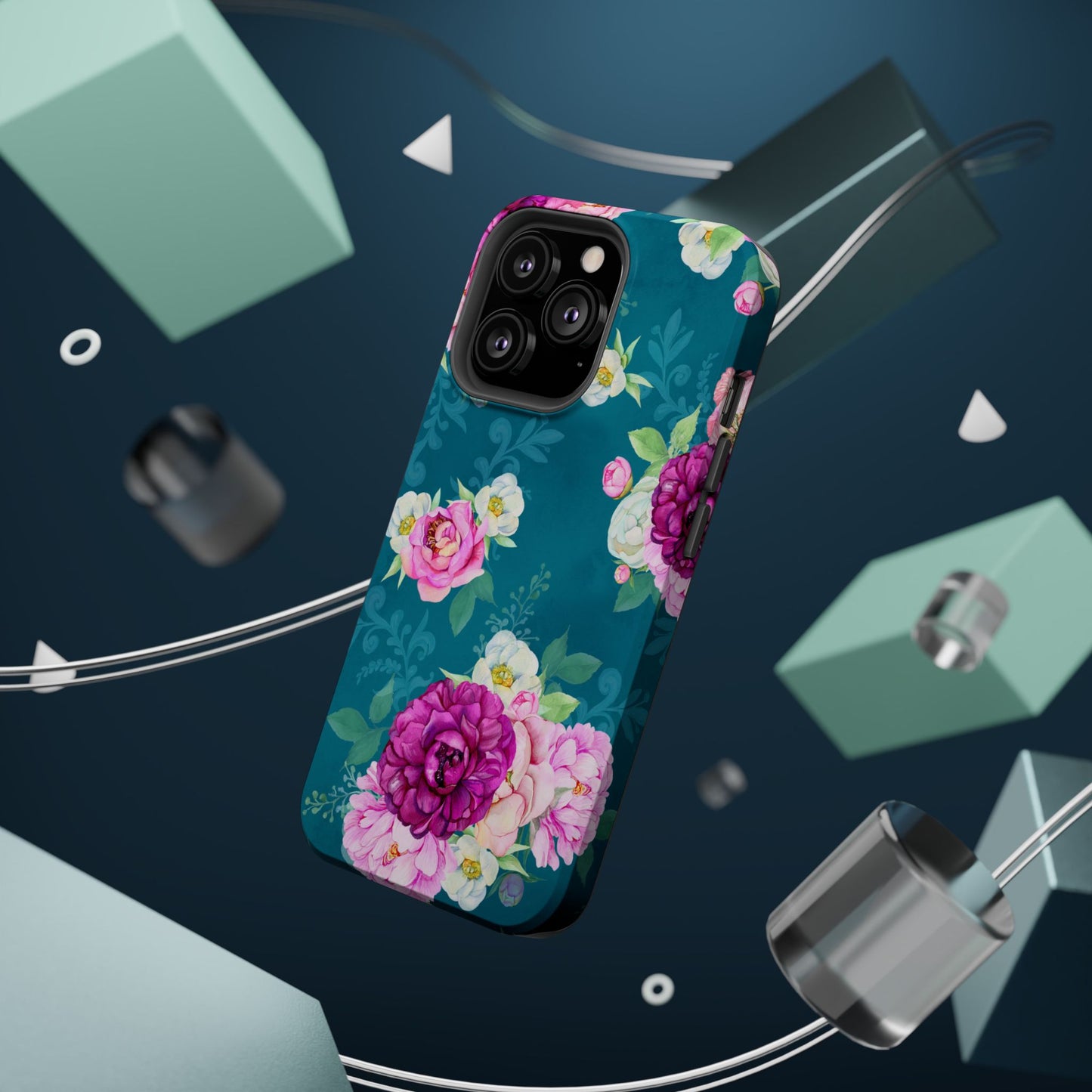 Elegant Peony Bouquet MagSafe iPhone Case – Deep Teal Background with Romantic Floral Design