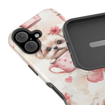 Floral Puppy in Teacup MagSafe iPhone Case – Cute Pink Flower Design, Tough Dual-Layer Protection