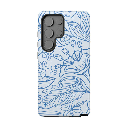 Dusty Blue Floral Line Art Tough Samsung Galaxy Case – Minimalist Botanical Design with Dual-Layer Protection