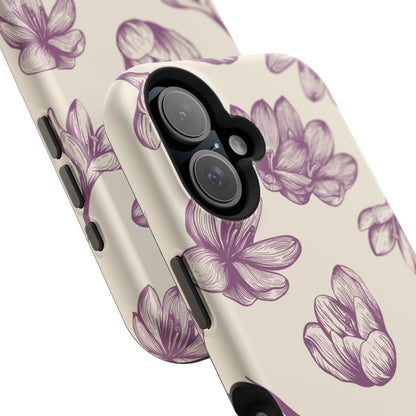 Vintage Botanical Floral Tough MagSafe iPhone Case – Hand-Drawn Purple Flowers, Shockproof Design